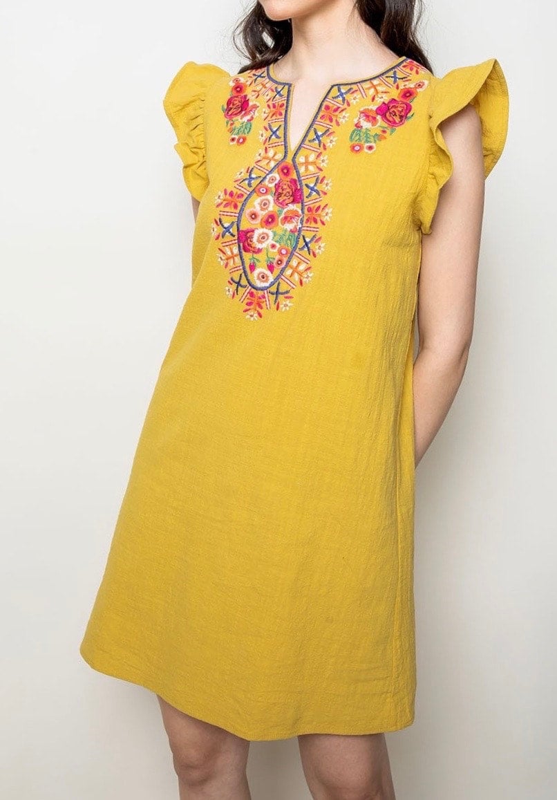 Embroidered Mustard Dress